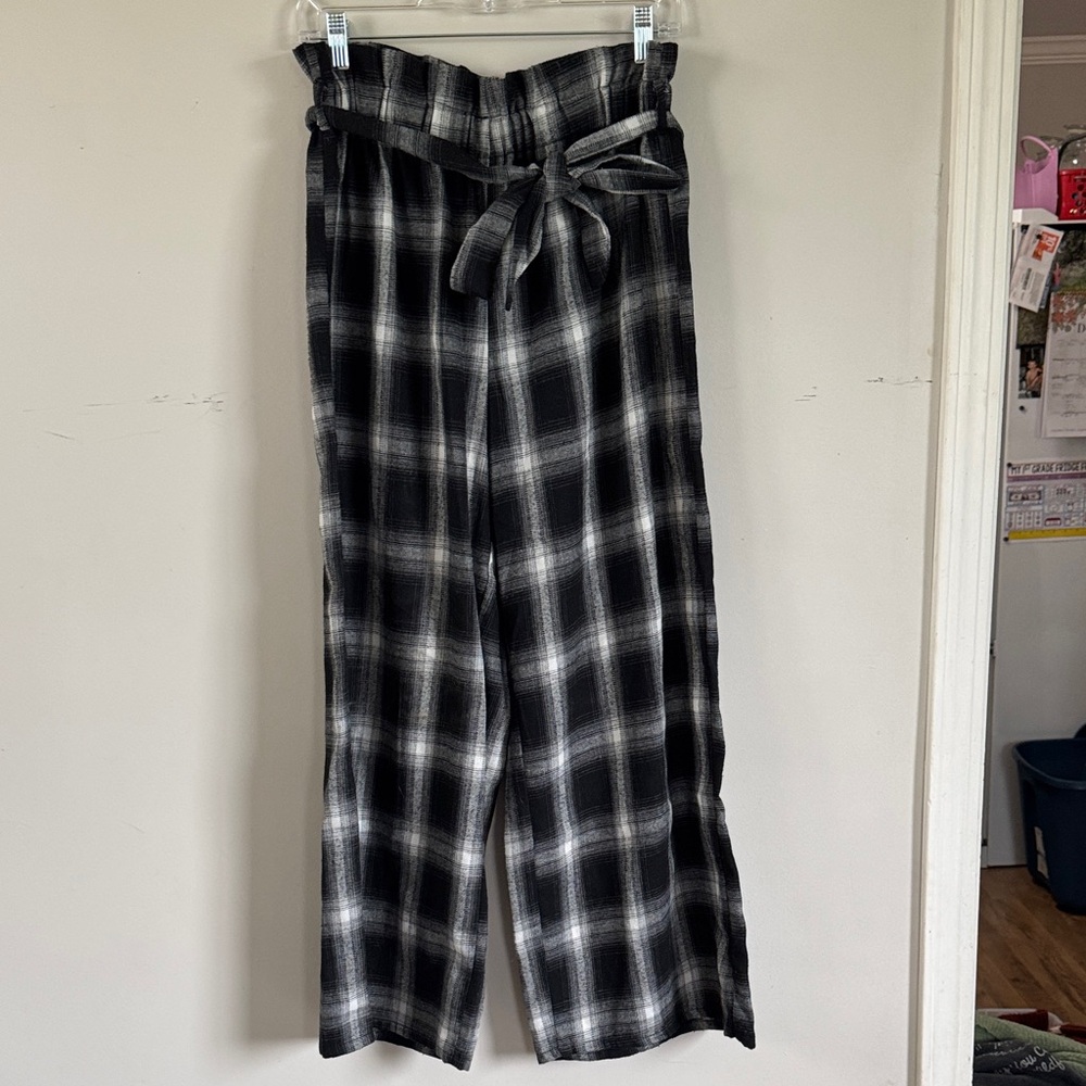SHEIN Black White Plaid Paperbag Waist Wide Leg Pants Tie Waist
